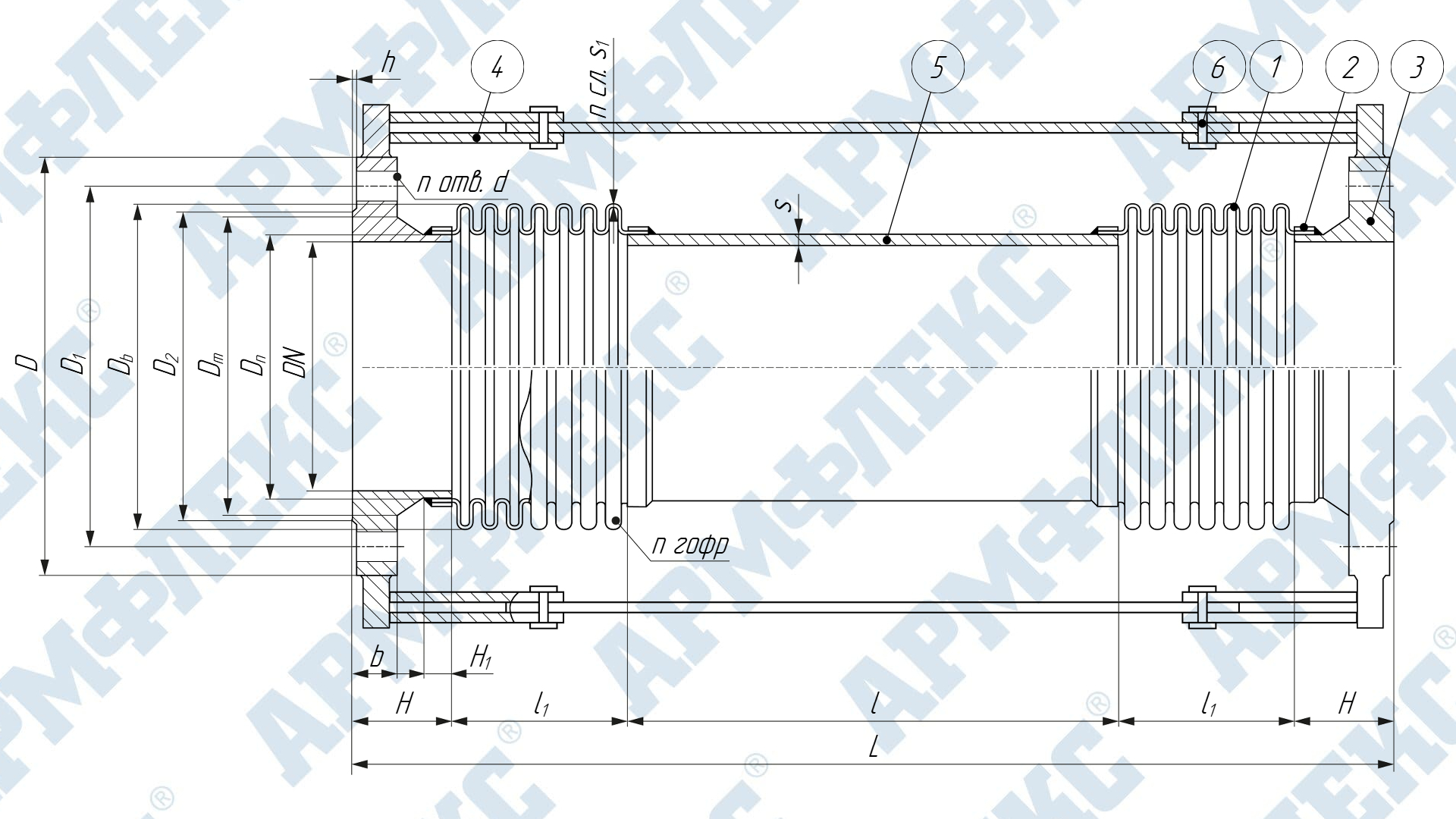 Чертеж двухсекционного компенсатора сильфонного поворотного фланцевого с поворотным устройством 2КСП ARM ФО, Армфлекс Чертеж двухсекционного компенсатора сильфонного поворотного фланцевого с поворотным устройством 2КСП ARM ФО, Армфлекс