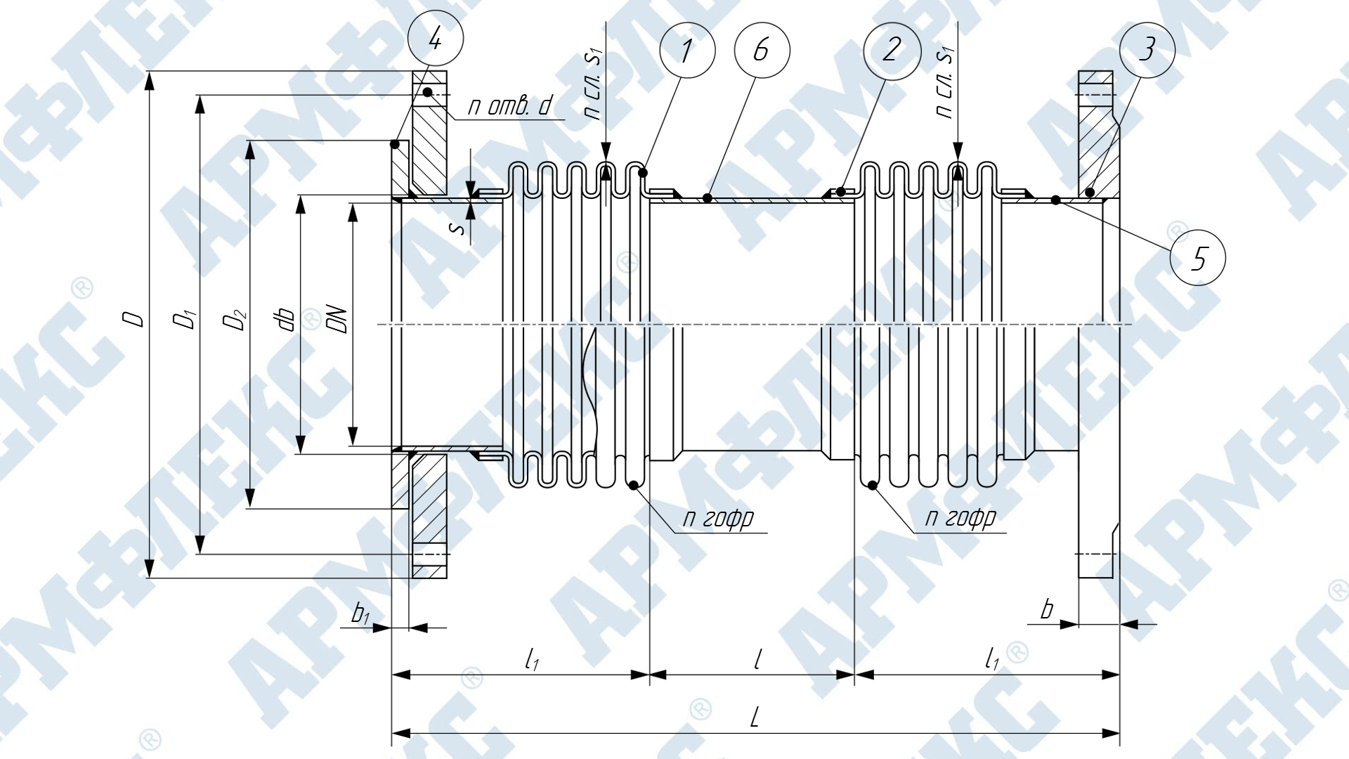 Чертеж двухсекционного компенсатора сильфонного поворотного фланцевого на приварном кольце 2КСП ARM Ф, Армфлекс Чертеж двухсекционного компенсатора сильфонного поворотного фланцевого на приварном кольце 2КСП ARM Ф