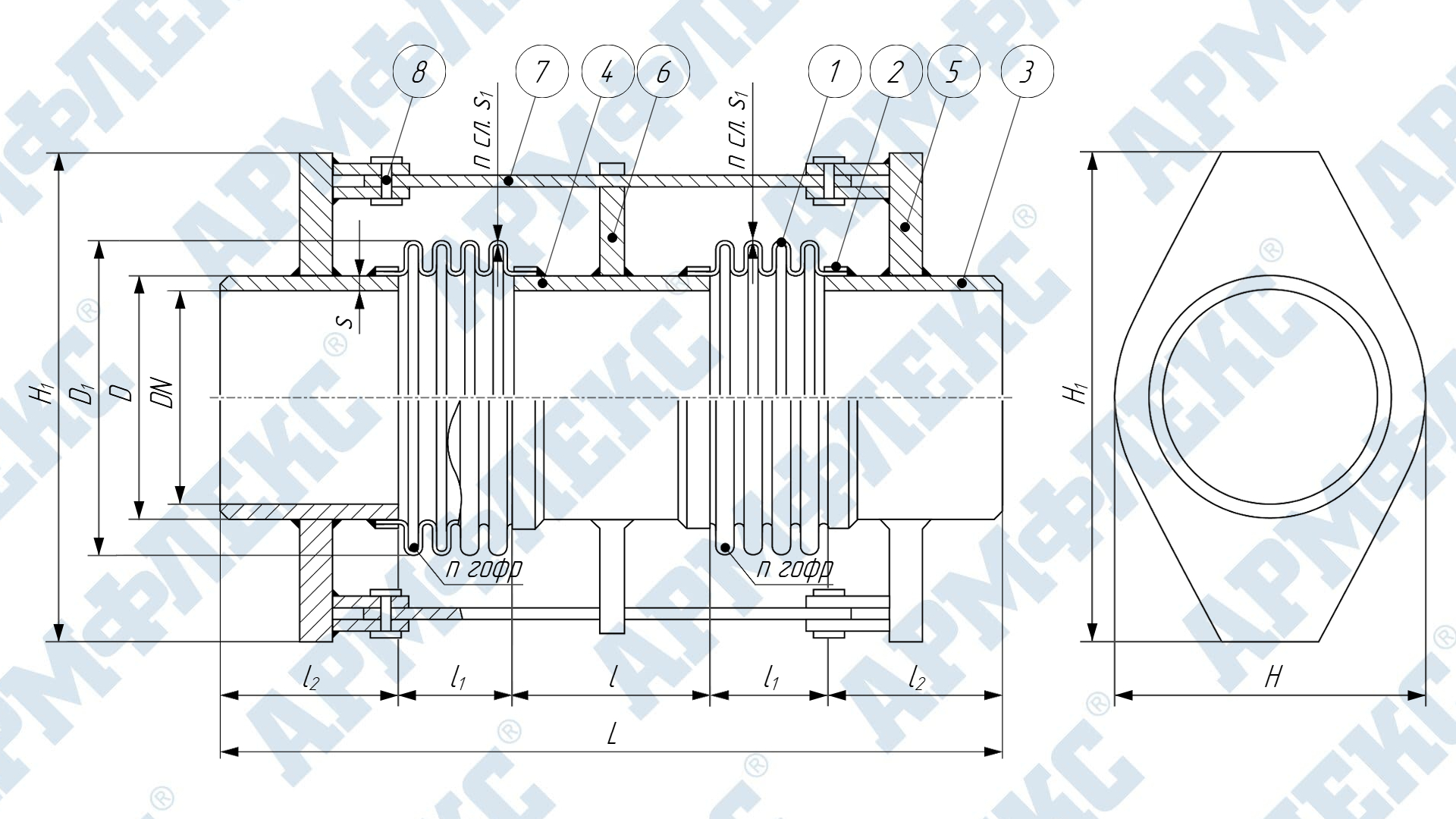 Чертеж двухсекционного компенсатора сильфонного поворотного под приварку с поворотным устройством 2КСП ARM ПО, Армфлекс Чертеж двухсекционного компенсатора сильфонного поворотного под приварку с поворотным устройством 2КСП ARM ПО, Армфлекс
