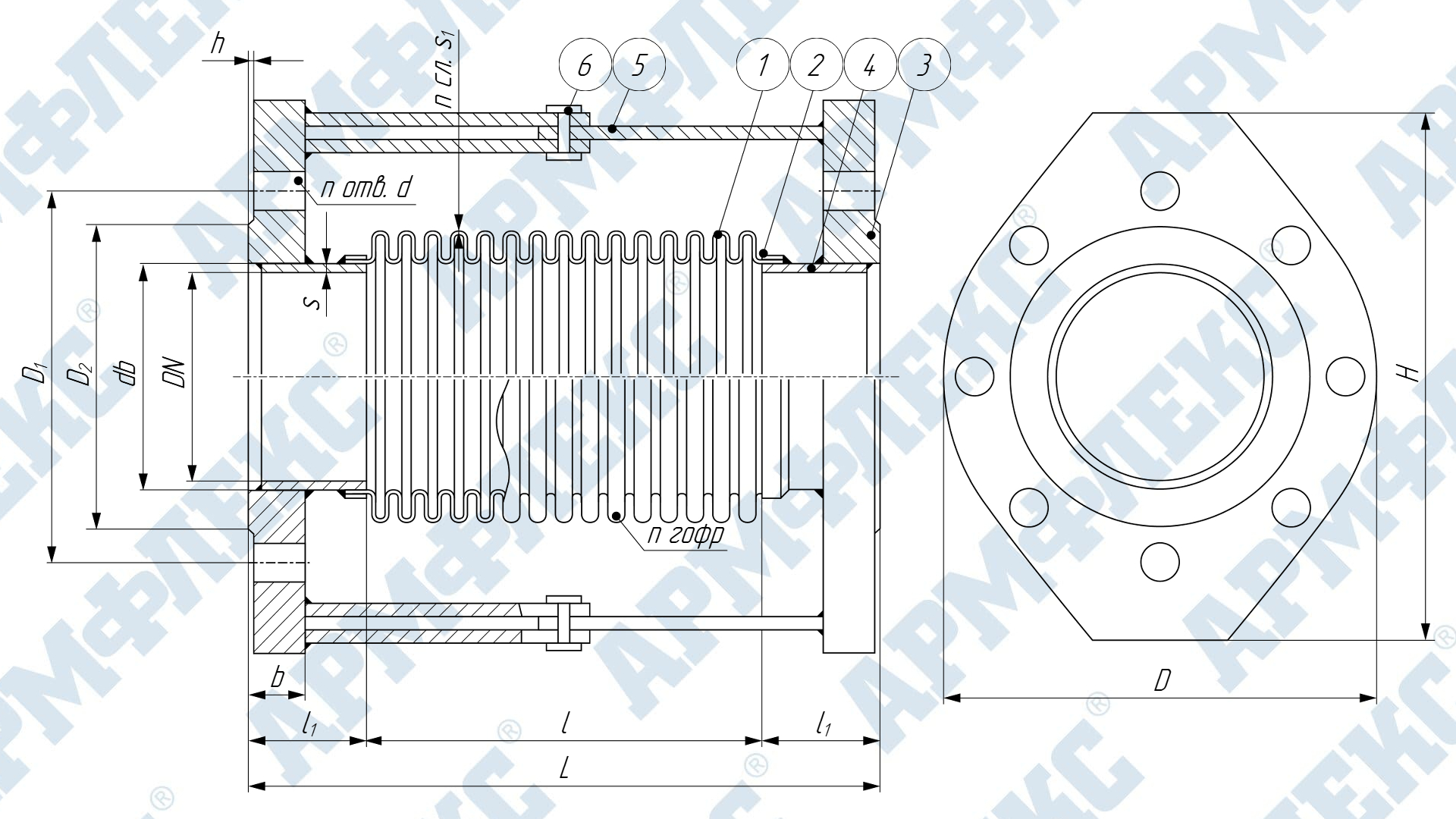 Чертеж компенсатора сильфонного поворотного фланцевого с поворотным устройством КСП ARM ФO, Армфлекс Чертеж компенсатора сильфонного поворотного фланцевого с поворотным устройством КСП ARM ФO, Армфлекс