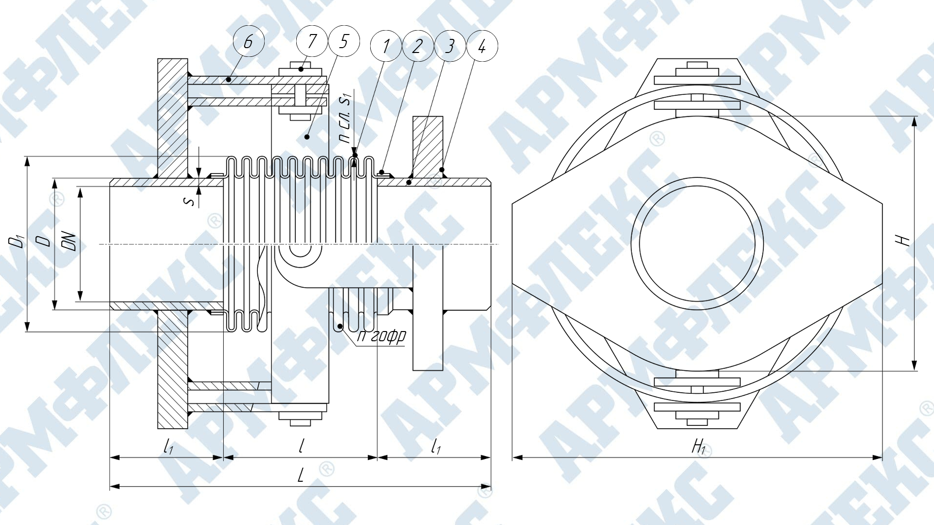 Чертеж компенсатора сильфонного поворотного под приварку с карданным устройством КСП ARM ПO, Армфлекс