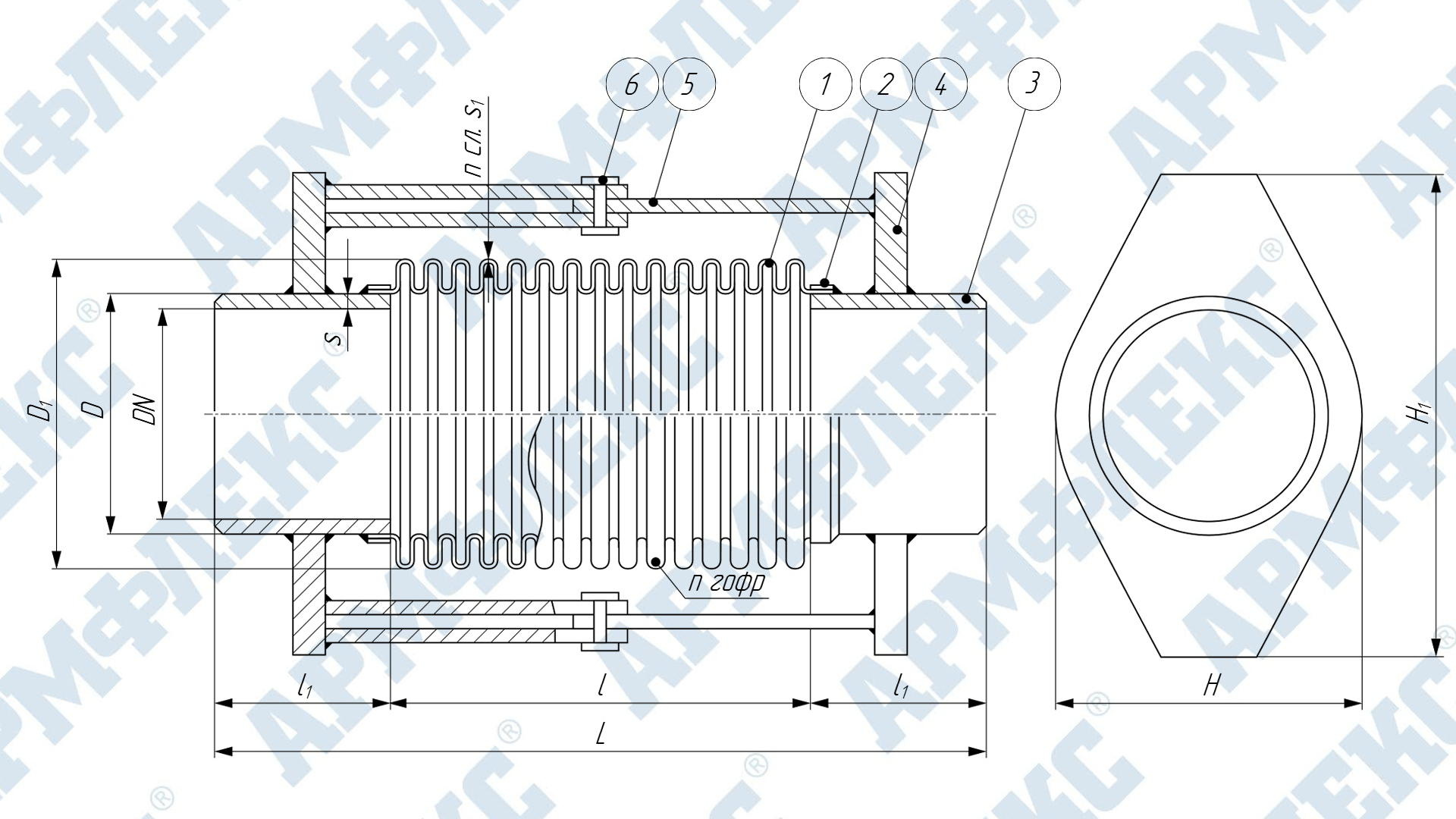 Чертеж компенсатора сильфонного поворотного под приварку с поворотным устройством КСП ARM ПO, Армфлекс