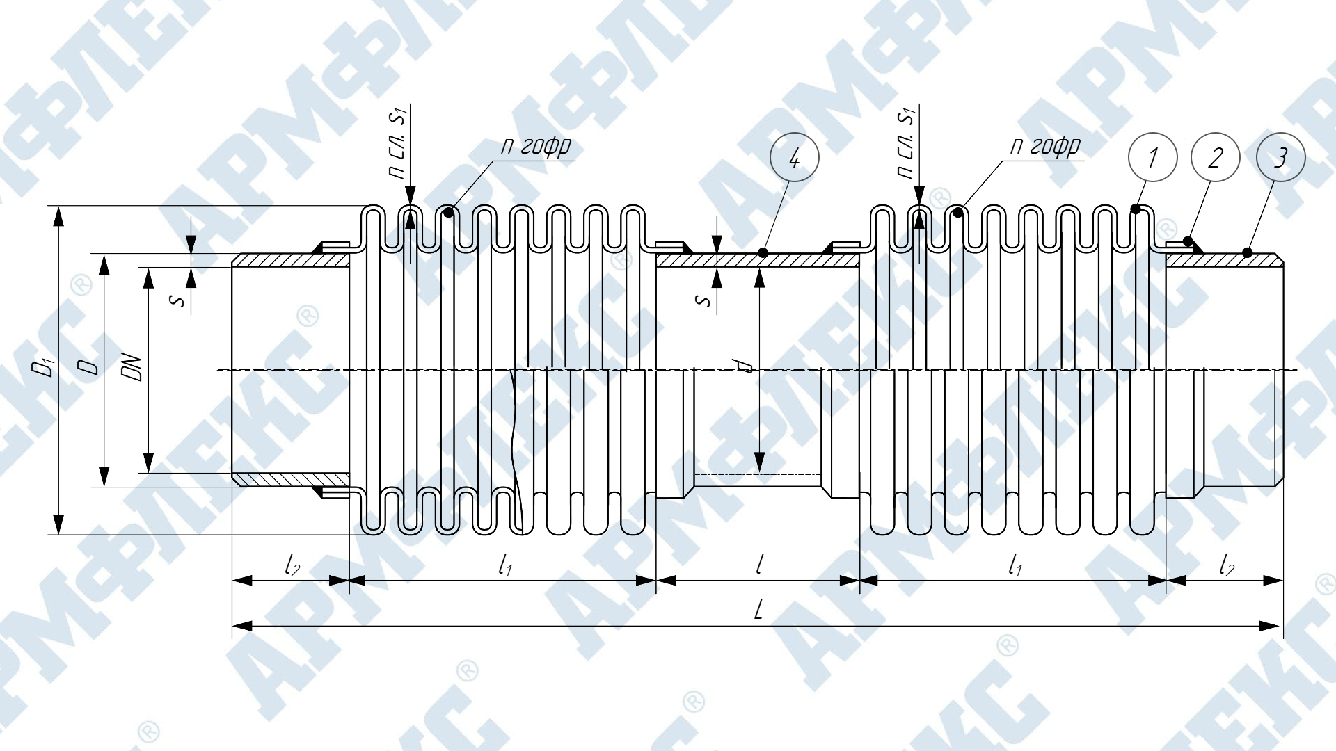 Чертеж компенсатора двухсекционного сильфонного поворотного с патрубками под приварку 2КСП ARM П, Армфлекс Чертеж компенсатора двухсекционного сильфонного поворотного с патрубками под приварку 2КСП ARM П, Армфлекс