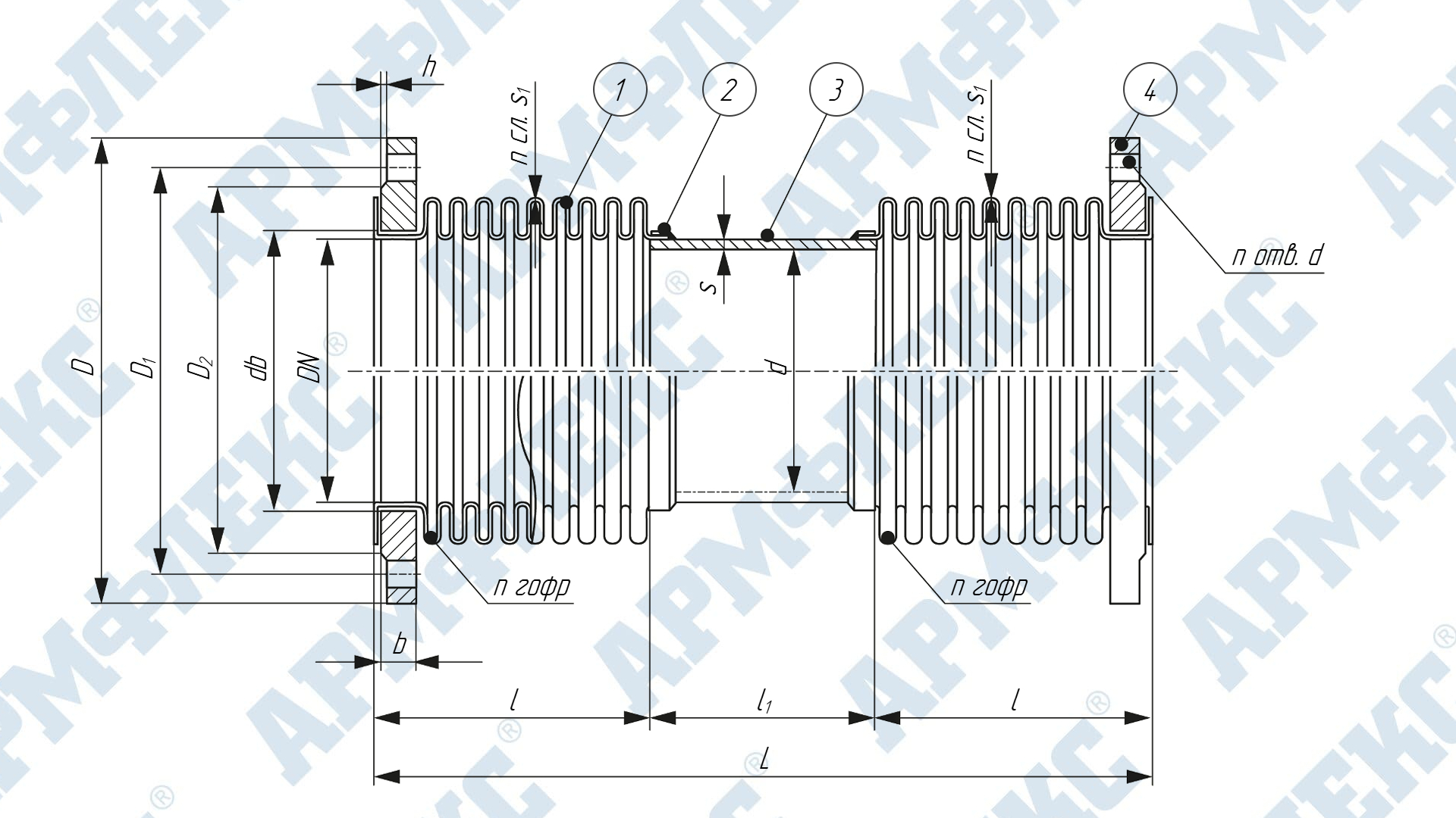 Чертеж двухсекционного компенсатора сильфонного поворотного с свободными фланцами 2КСП ARM Ф, Армфлекс Чертеж двухсекционного компенсатора сильфонного поворотного с свободными фланцами 2КСП ARM Ф, Армфлекс