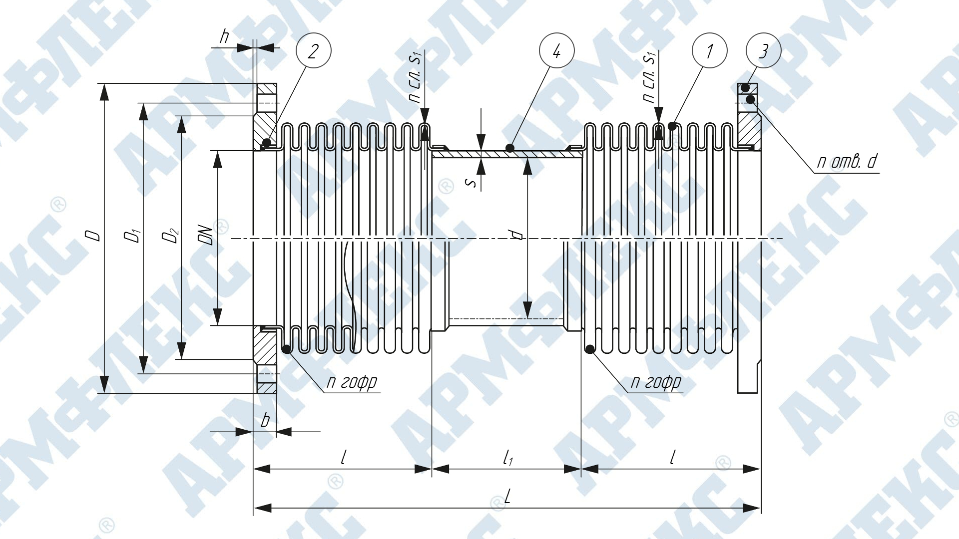Чертеж двухсекционного компенсатора сильфонного поворотного с приварными фланцами 2КСП ARM Ф, Армфлекс Чертеж двухсекционного компенсатора сильфонного поворотного с приварными фланцами 2КСП ARM Ф, Армфлекс