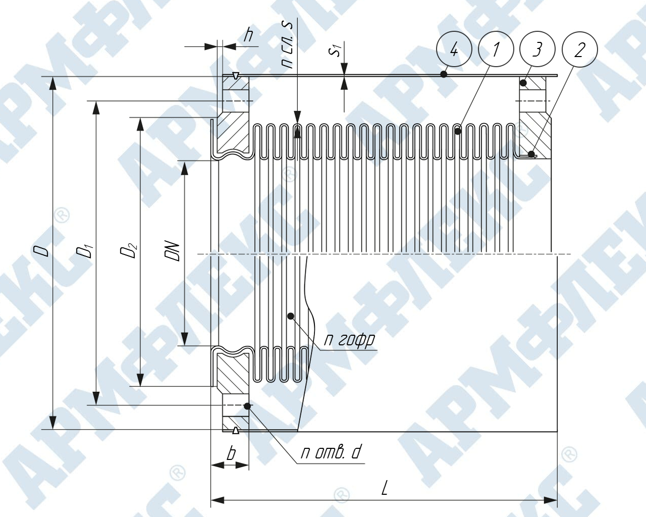 Чертеж компенсатора сильфонного поворотного фланцевого с защитным кожухом КСП ARM ФК, Армфлекс