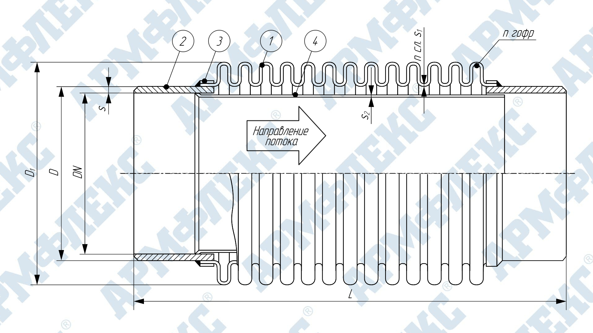 Чертеж компенсатора сильфонного поворотного с патрубками под приварку КСП ARM П, Армфлекс Чертеж компенсатора сильфонного поворотного с патрубками под приварку КСП ARM П, Армфлекс