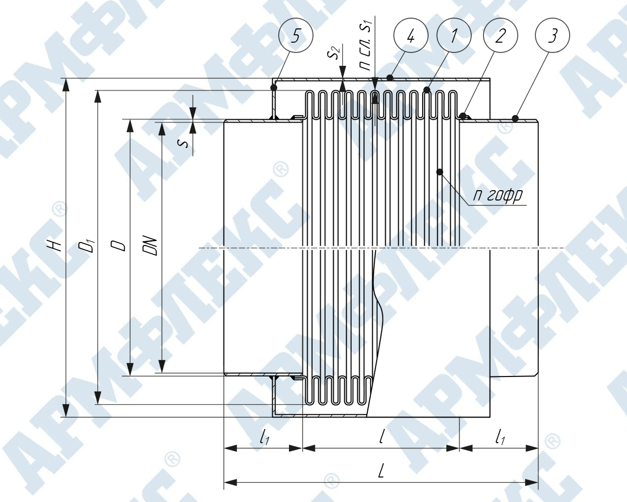 Чертеж компенсатора сильфонного поворотного под приварку с защитным кожухом КСП ARM ПК, Армфлекс Чертеж компенсатора сильфонного поворотного под приварку с защитным кожухом КСП ARM ПК, Армфлекс