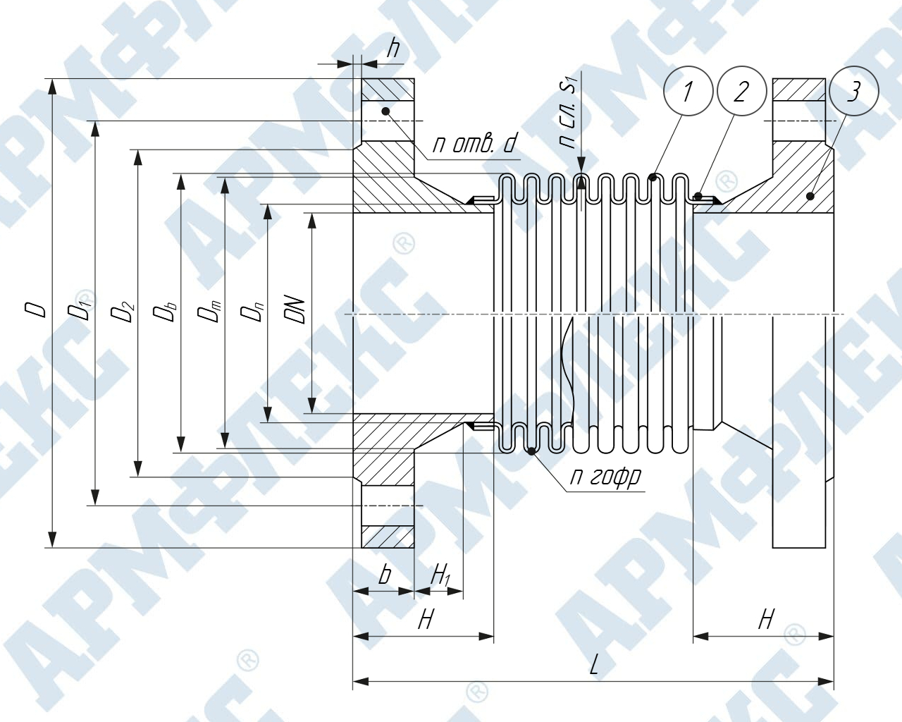 Чертеж компенсатора сильфонного поворотного с воротниковыми фланцами КСП ARM Ф, Армфлекс Чертеж компенсатора сильфонного поворотного с воротниковыми фланцами КСП ARM Ф, Армфлекс