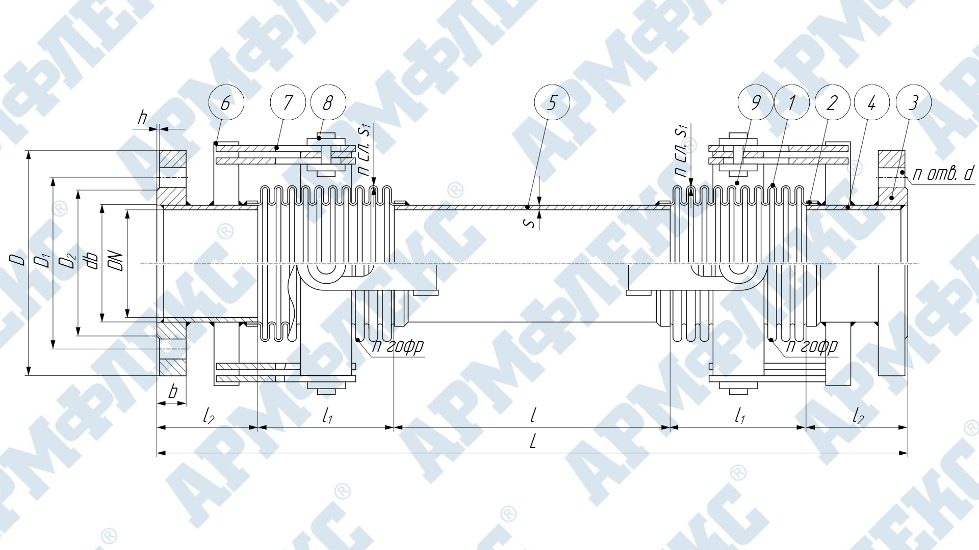 Чертеж компенсатора сильфонного сдвигового двухсекционного фланцевого с карданным устройством 2КСС ARM ФО
