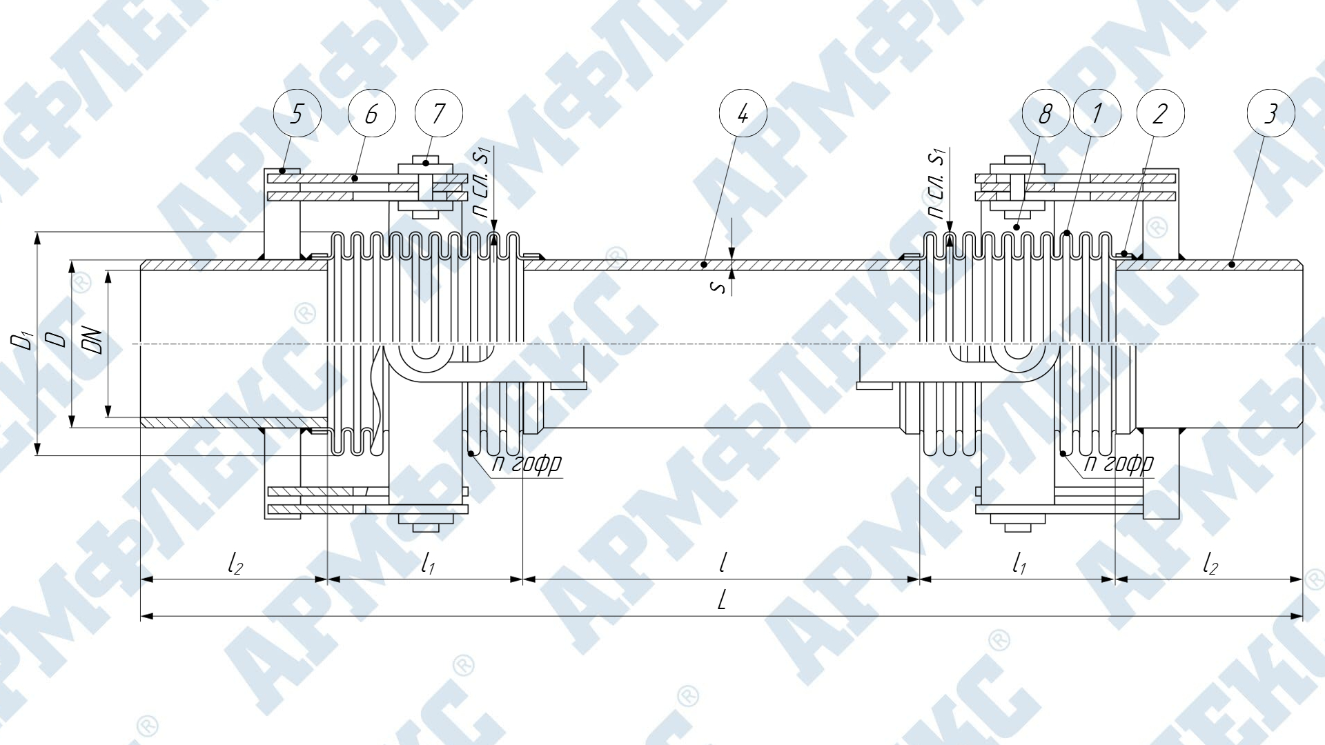 Чертеж компенсатора сильфонного сдвигового двухсекционного с патрубками под приварку с карданным устройством 2КСС ARM ПО, Армфлекс
