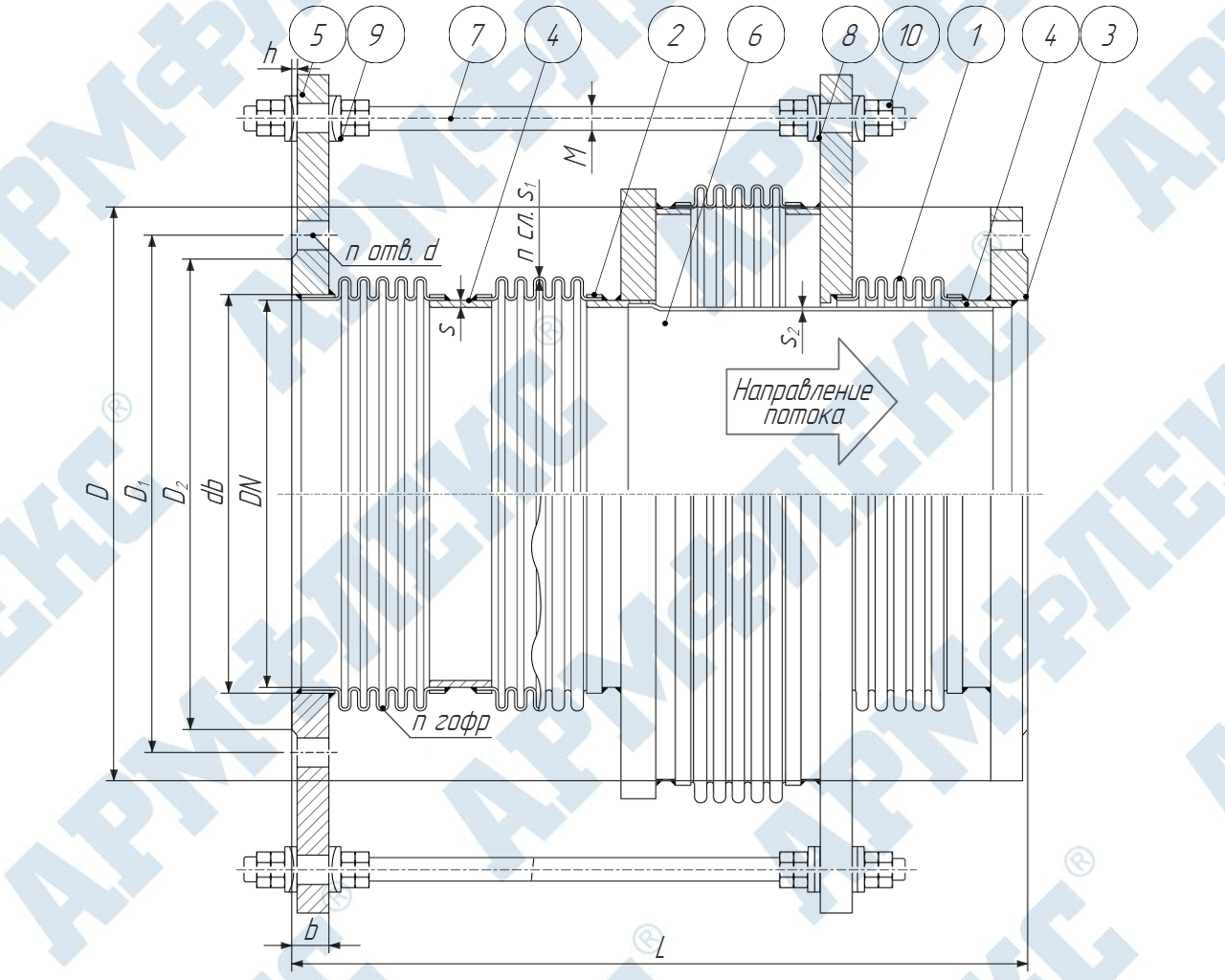 Чертеж компенсатора сильфонного универсального разгруженного четырехсекционного фланцевого 4КСУ ARM ФЭО, Армфлекс