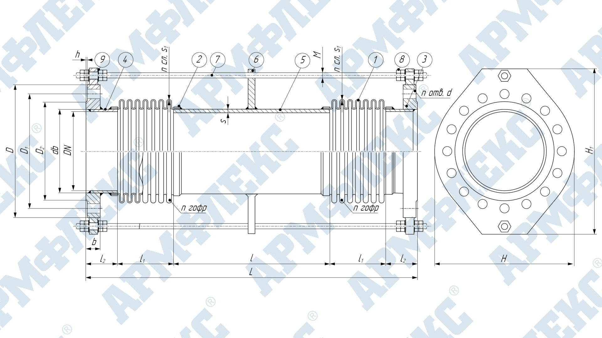 Чертеж компенсатора сильфонного универсального двухсекционного фланцевого с ограничительными шпильками 2КСУ ARM ФО, Армфлекс