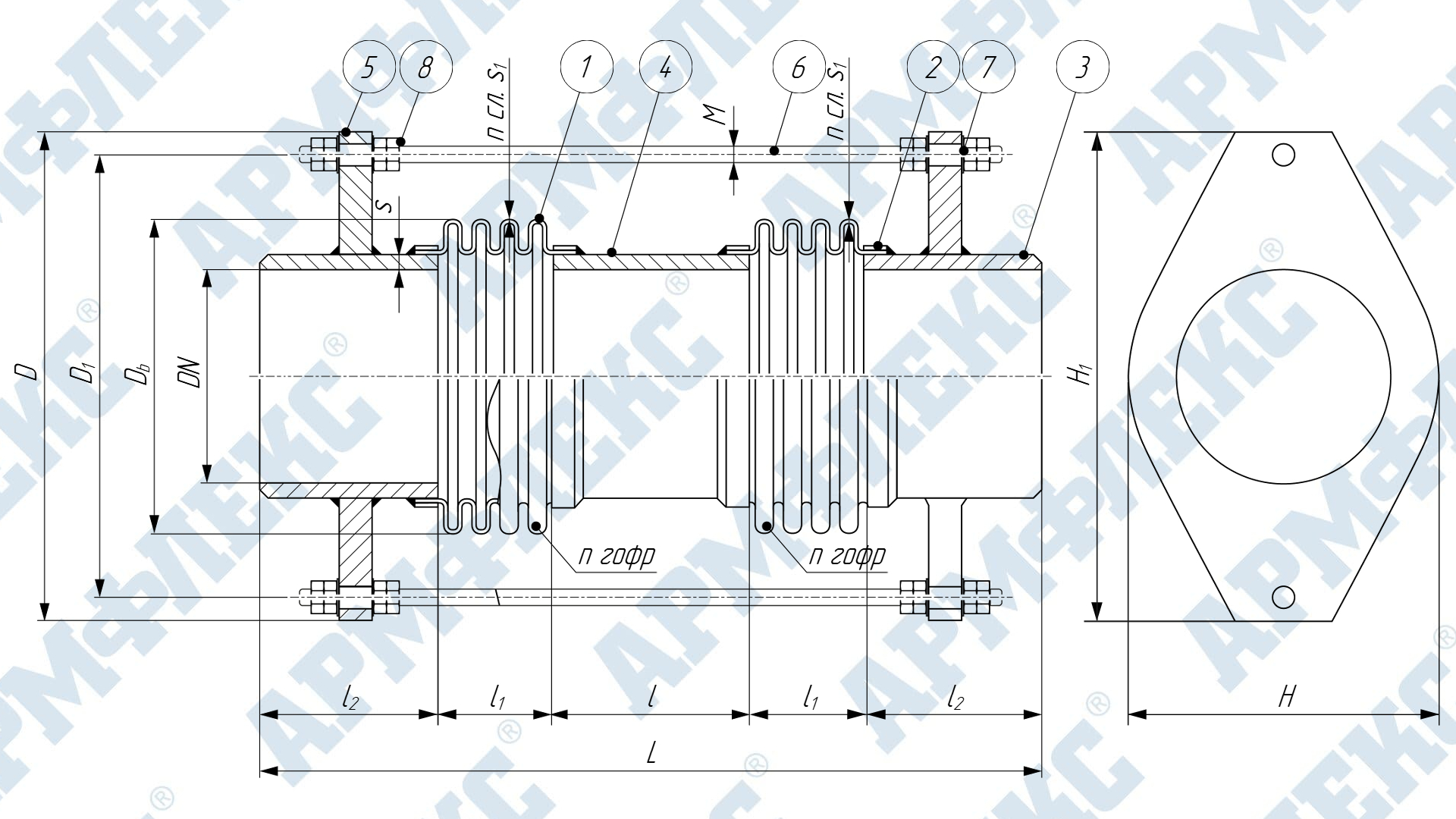 Чертеж компенсатора сильфонного универсального двухсекционного с патрубками под приварку с ограничительными шпильками 2КСУ ARM ПО, Армфлекс