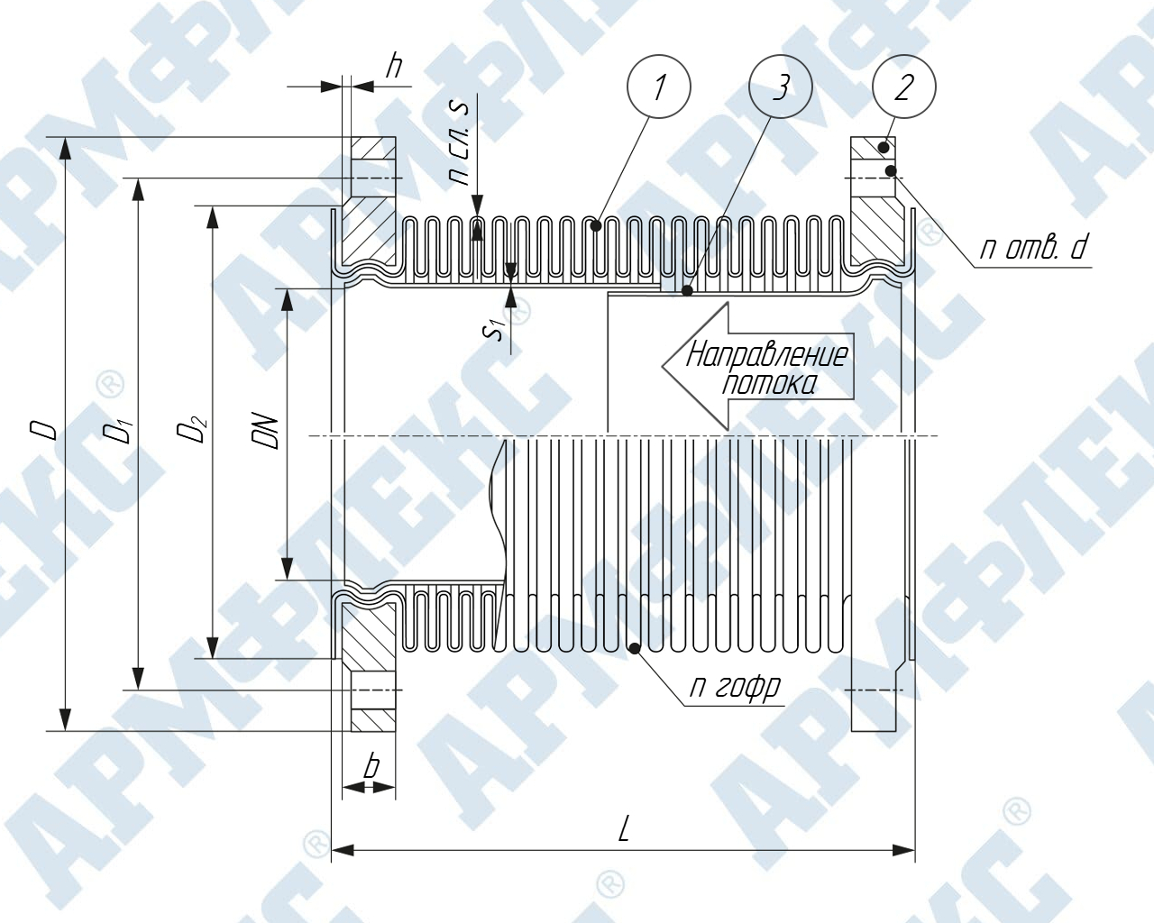 Чертеж компенсатора сильфонного универсального с поворотными фланцами КСУ ARM Ф, Армфлекс