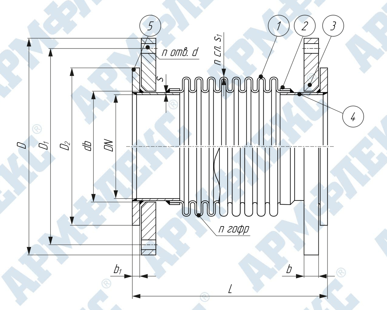 Чертеж компенсатора сильфонного универсального с поворотными фланцами на приварном кольце КСУ ARM Ф, Армфлекс