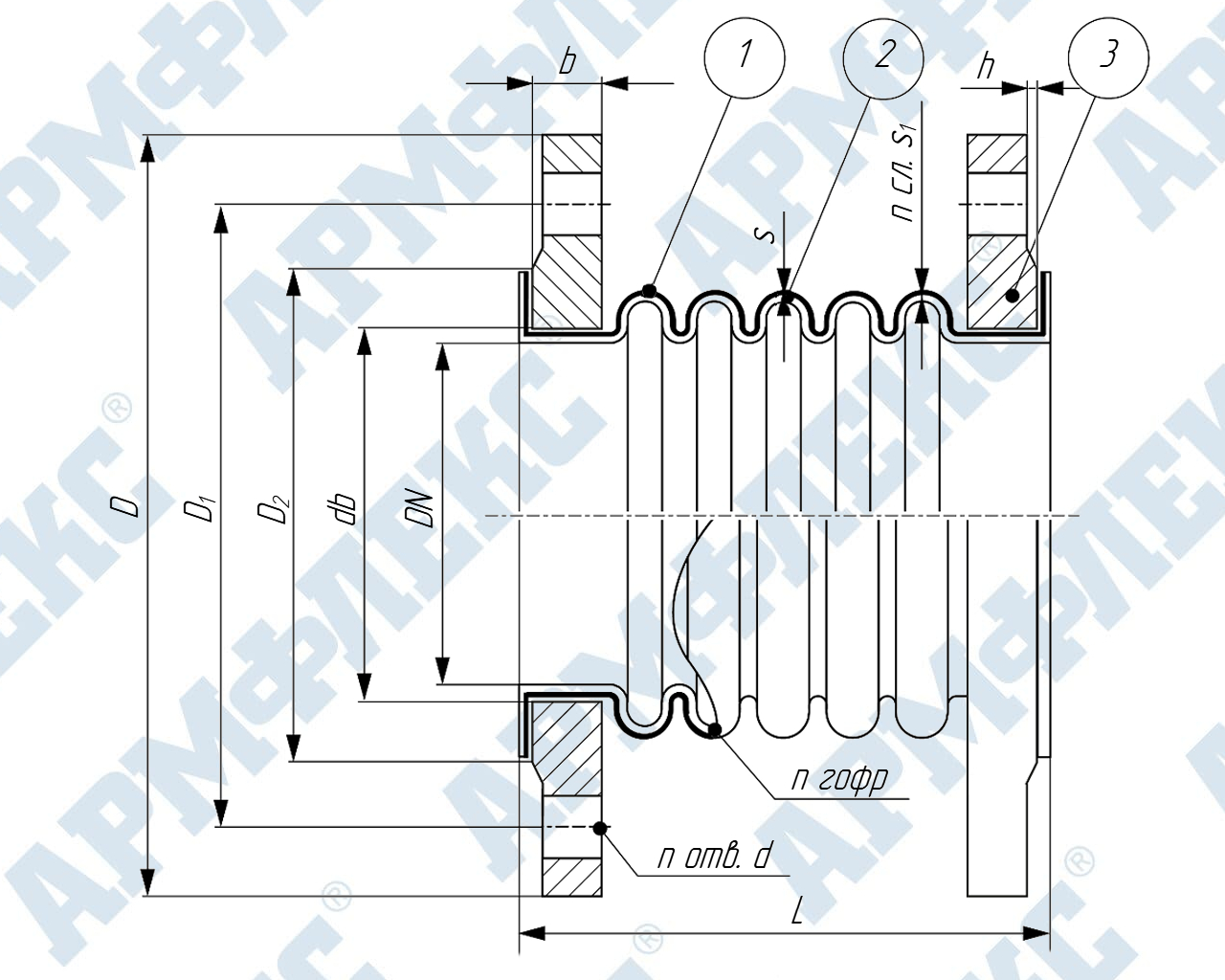 Чертеж компенсатора сильфонного универсального с футеровкой PTFE фланцевый КСУ ARM ФПП, Армфлекс