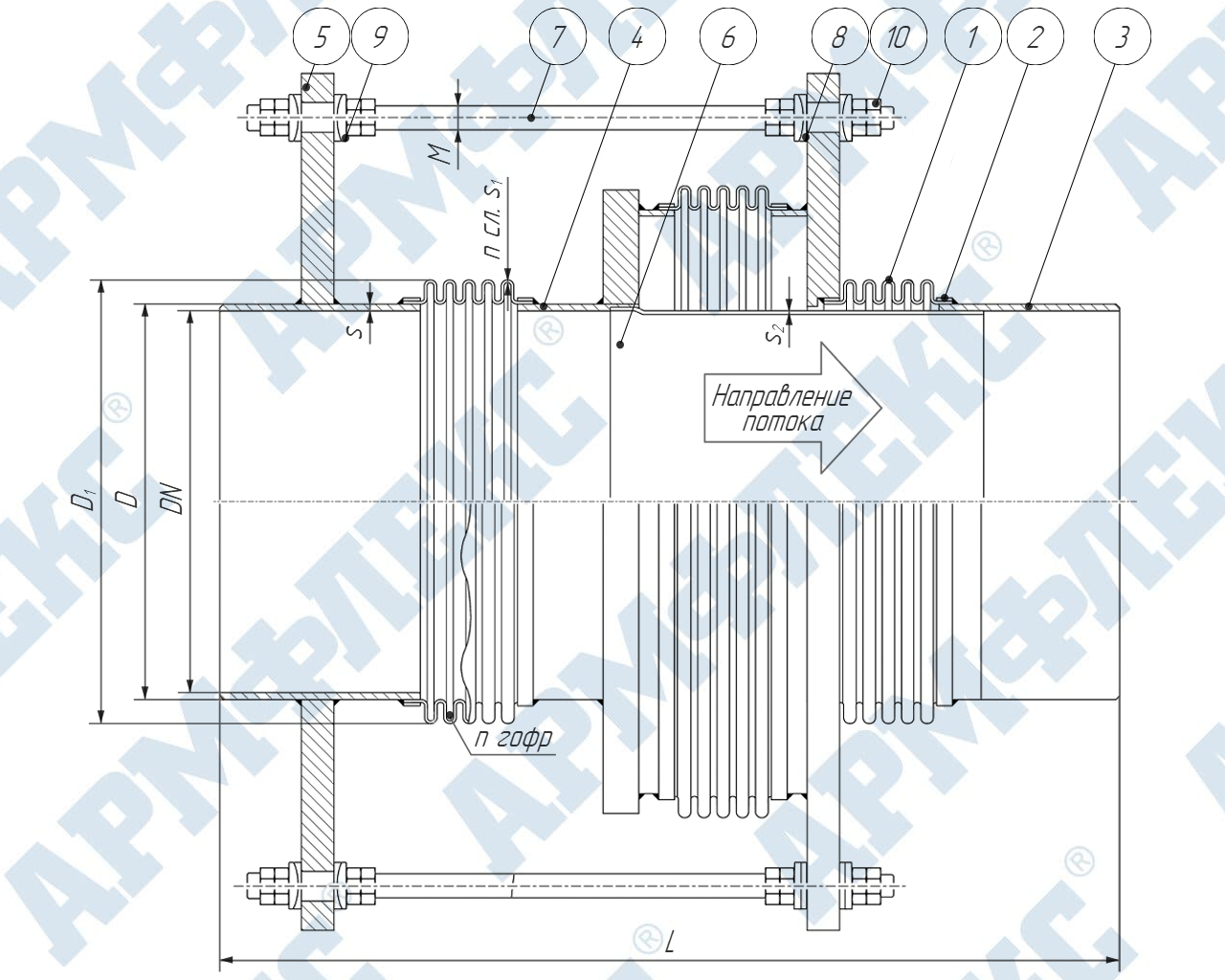 Чертеж компенсатора сильфонного универсального разгруженного трехсекционного с патрубками под приварку 3КСУ ARM ПЭО, Армфлекс